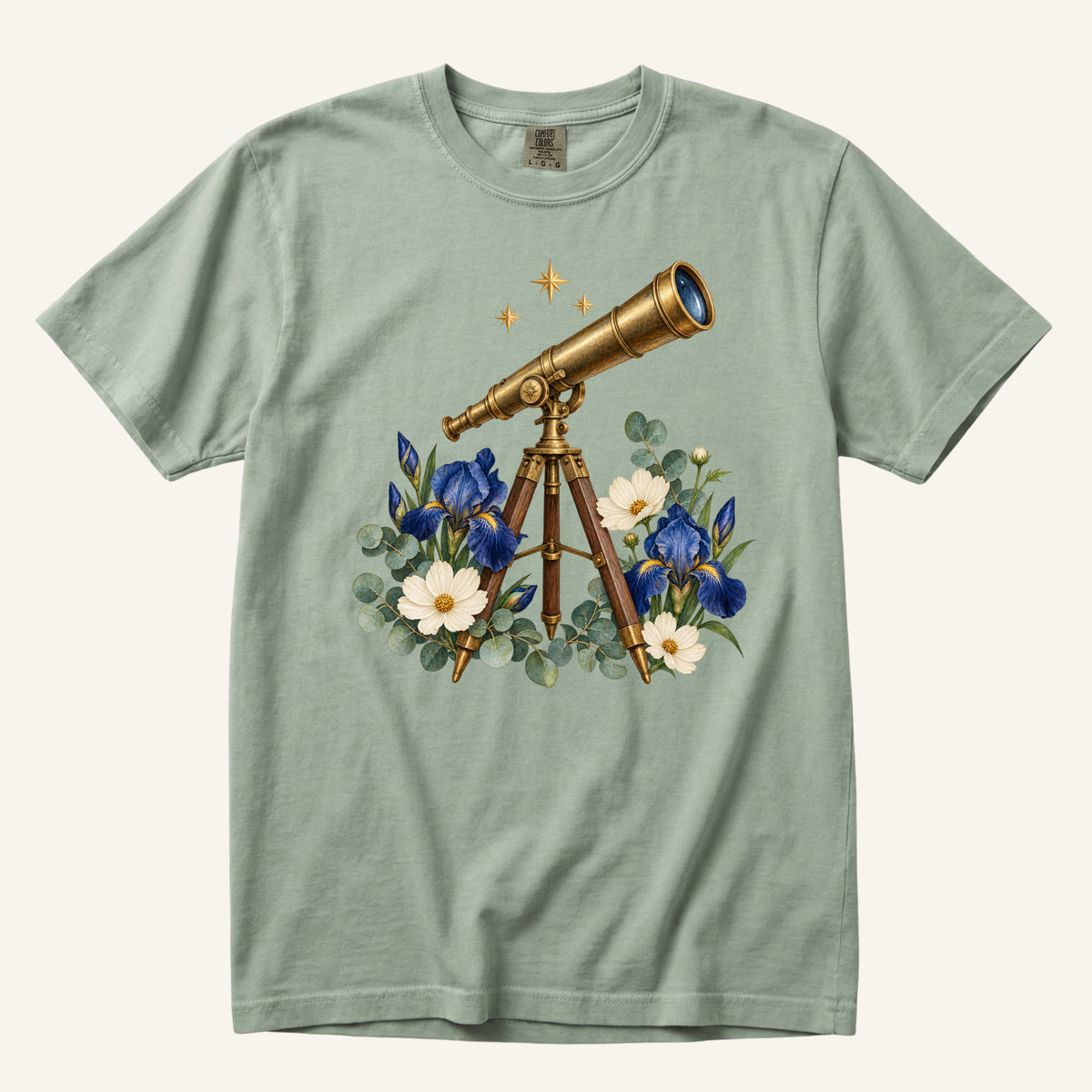 Floral Telescope T-Shirt in Bay — botanical telescope watercolor, centered front print