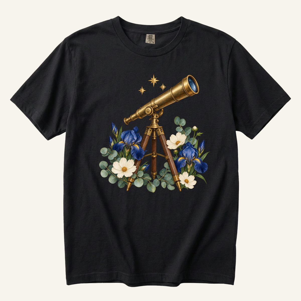 Floral Telescope T-Shirt in Black — a brass telescope among deep-blue irises and golden stars