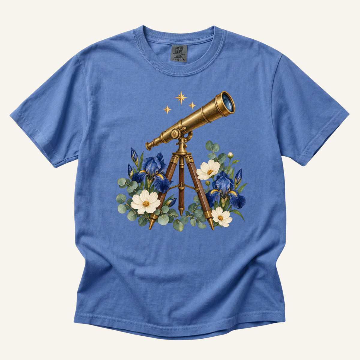 Floral Telescope T-Shirt in Flo Blue — stargazer and science teacher gift, made to order in the USA