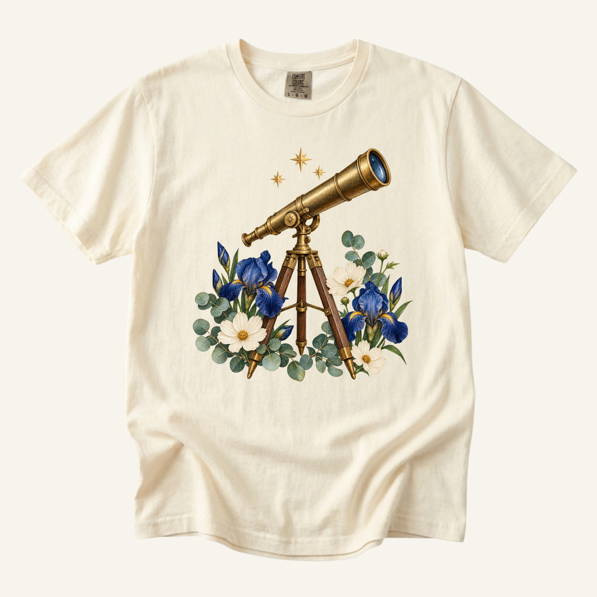 Floral Telescope T-Shirt in Ivory — brass telescope with irises and cosmos, sizes S to 4XL