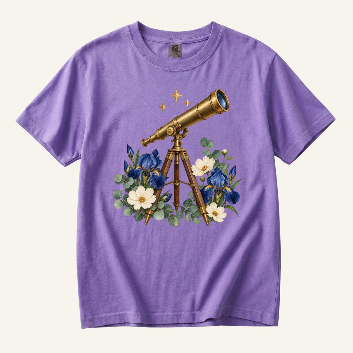 Floral Telescope T-Shirt in Violet — botanical brass telescope tee with golden stars