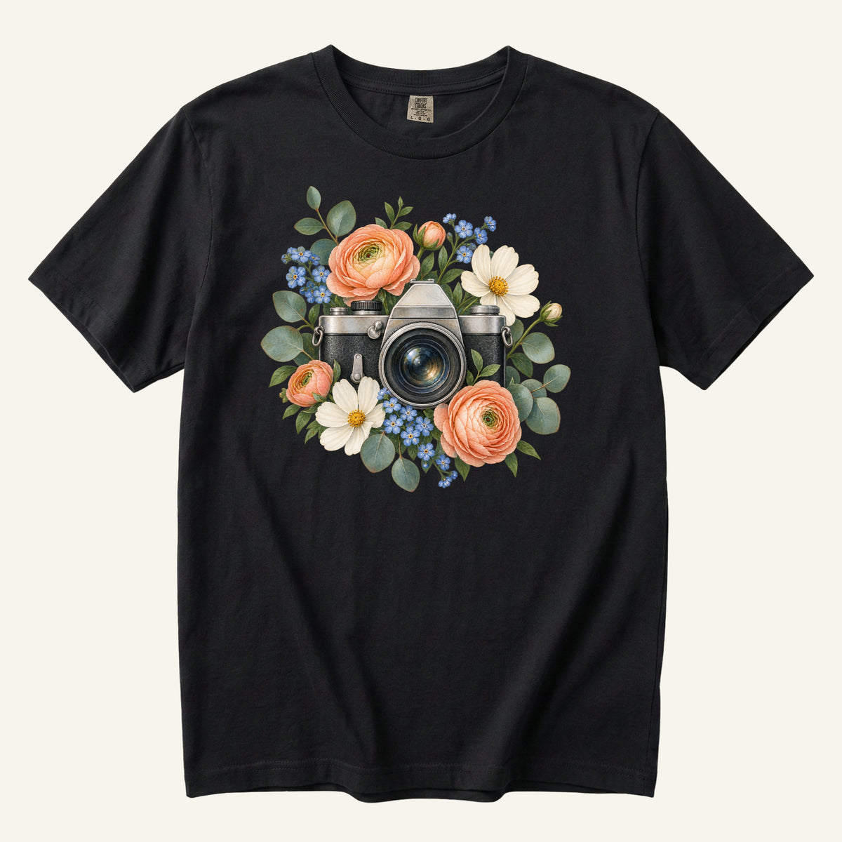 Floral Vintage Camera T-Shirt in Black — a vintage camera among peach ranunculus and forget-me-nots