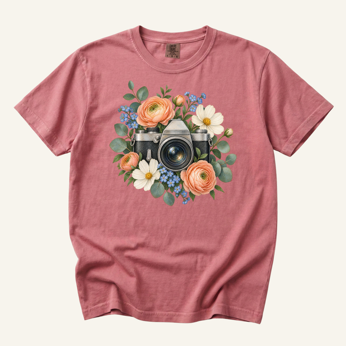 Floral Vintage Camera T-Shirt in Crimson — photographer gift on garment-dyed cotton