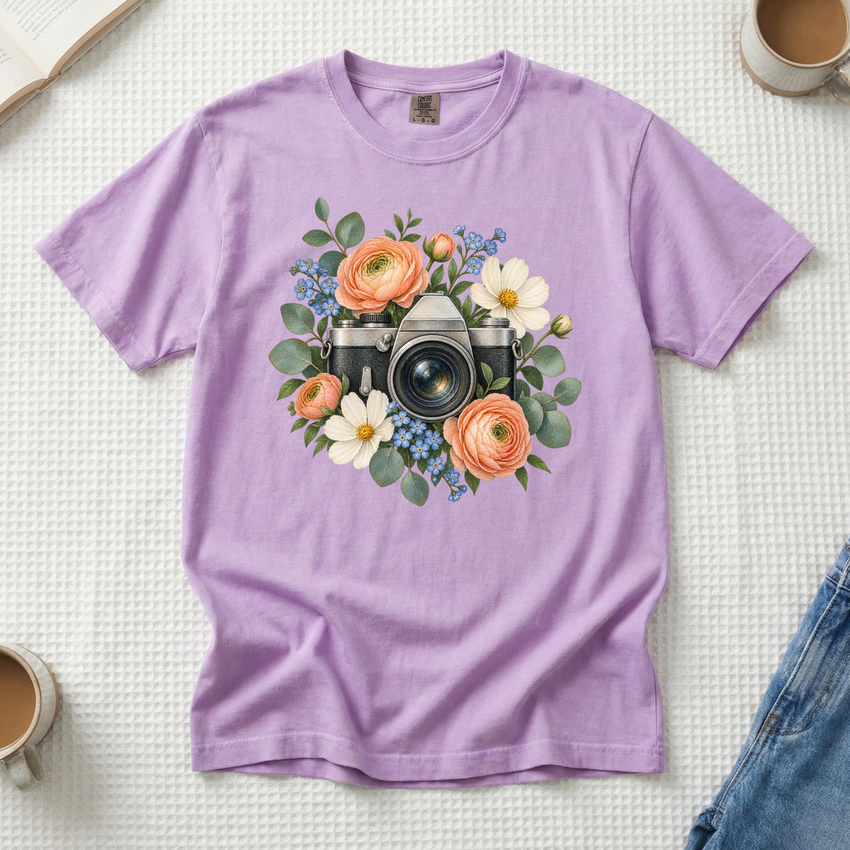Floral Vintage Camera T-Shirt in Orchid — vintage camera with cosmos and eucalyptus, sizes S to 4XL