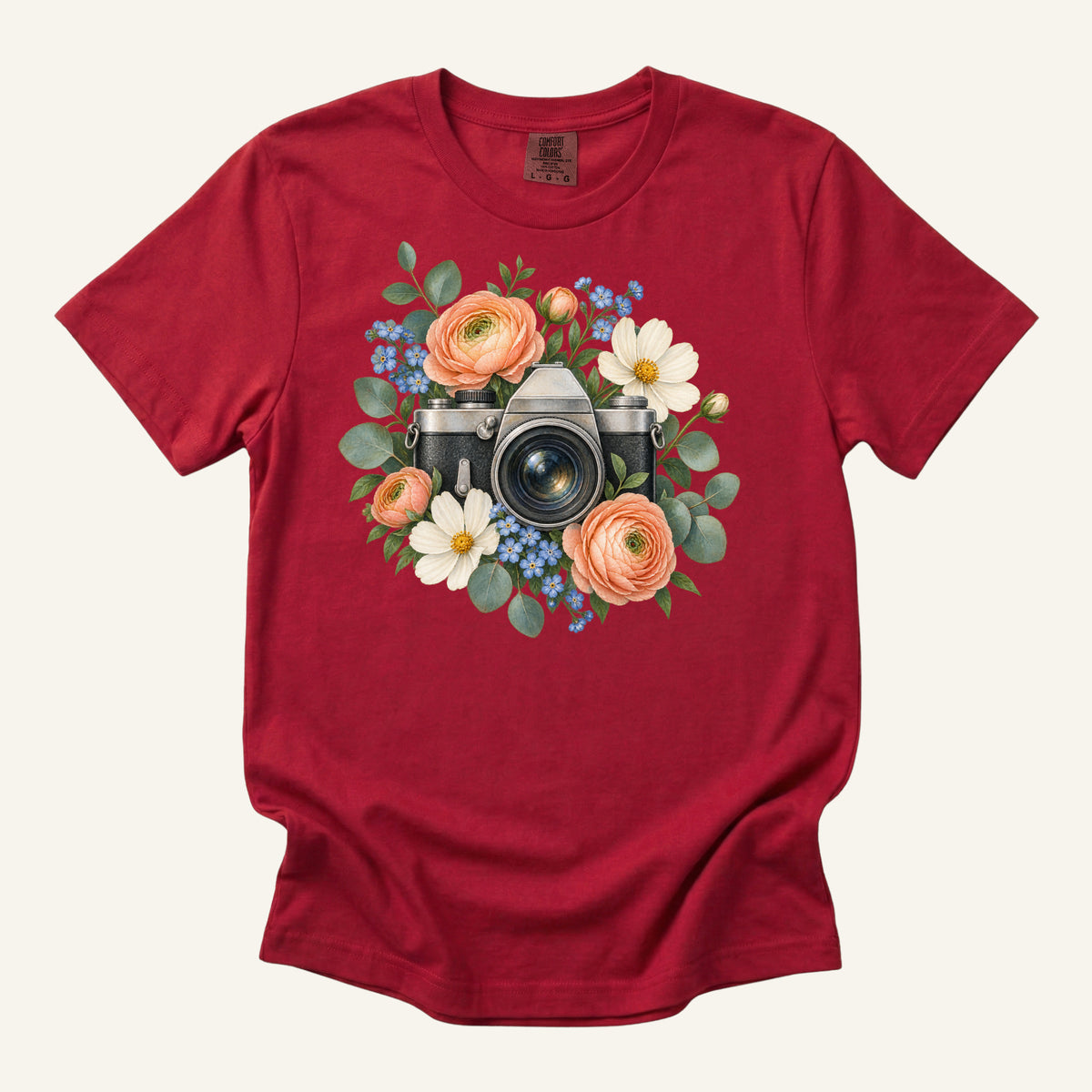 Floral Vintage Camera T-Shirt in Red — botanical camera watercolor, centered front print