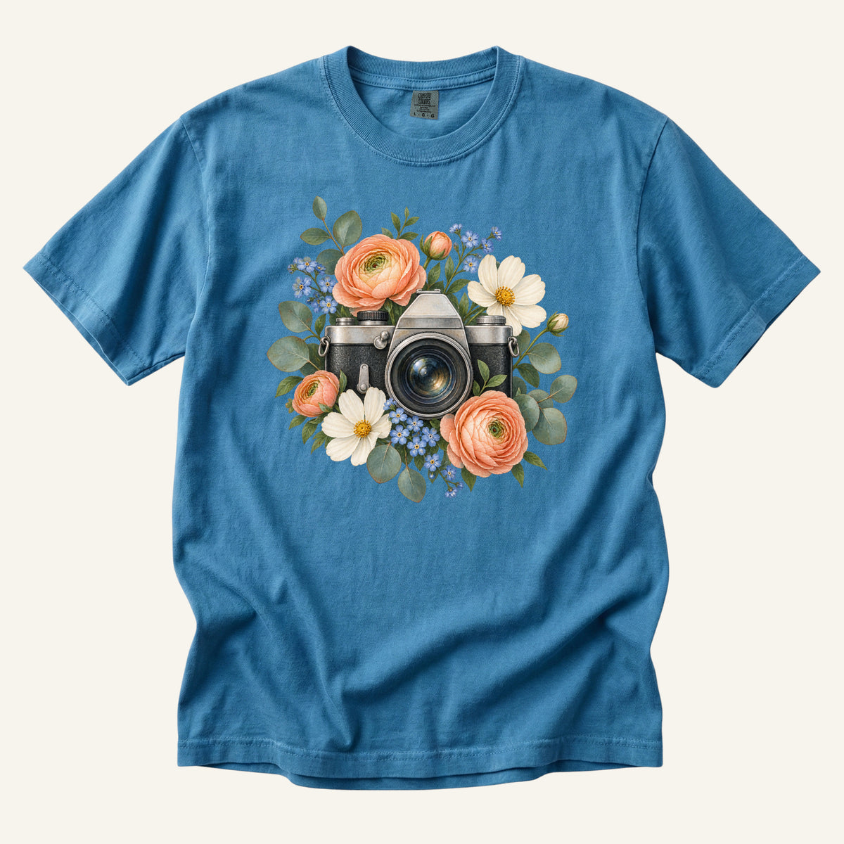 Floral Vintage Camera T-Shirt in Sapphire — botanical vintage camera tee for photographers
