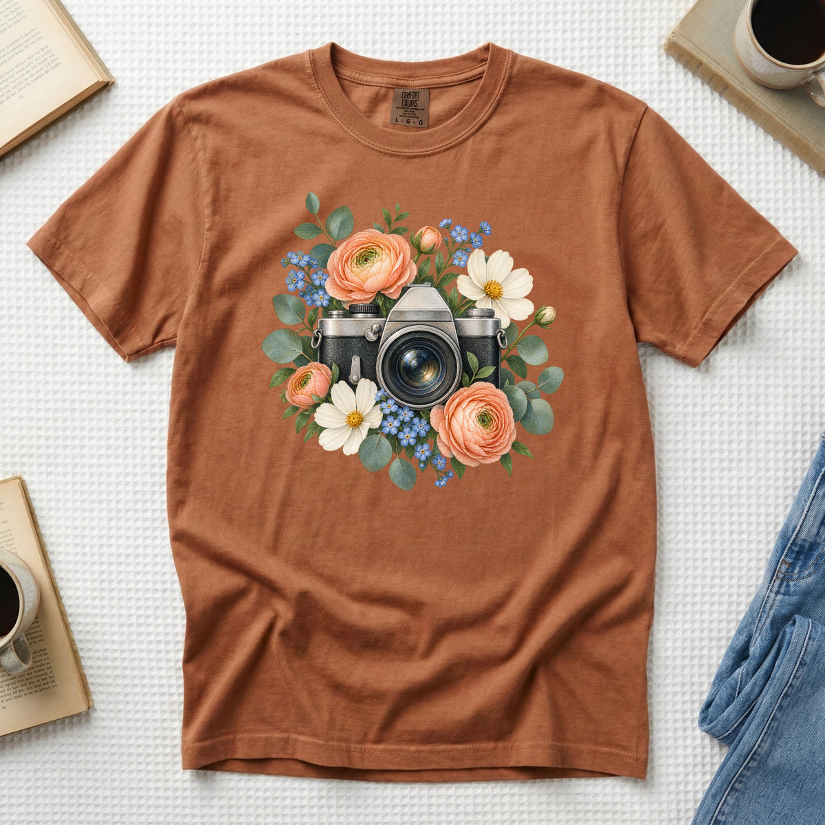Floral Vintage Camera T-Shirt in Yam — retro camera and floral design, made to order in the USA