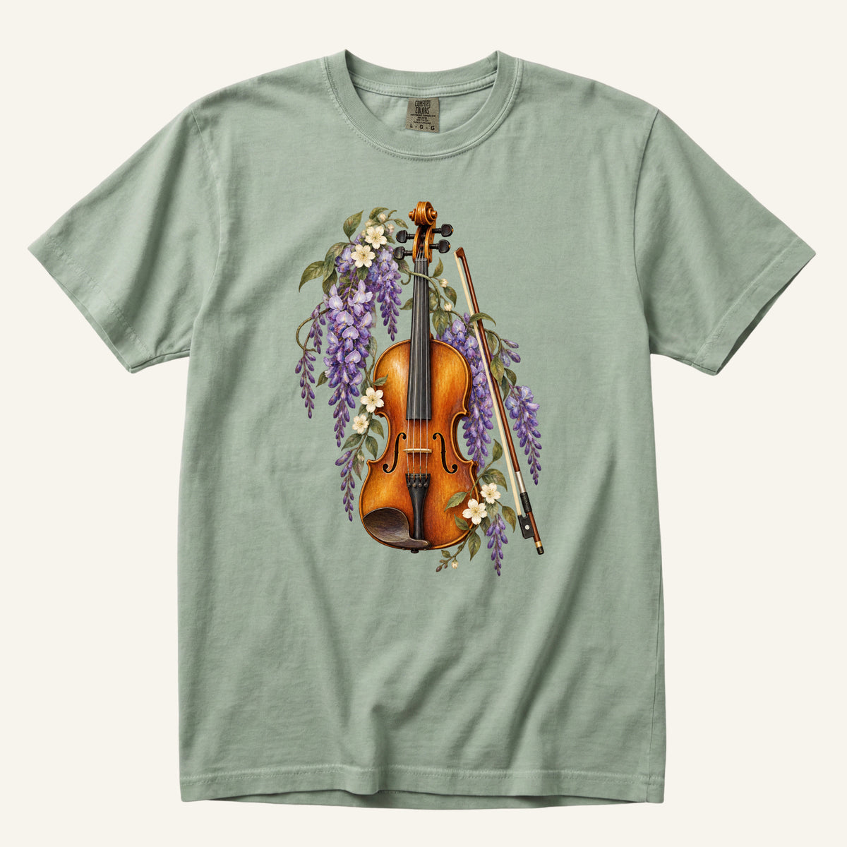 Floral Violin T-Shirt in Bay — botanical violin watercolor, centered front print