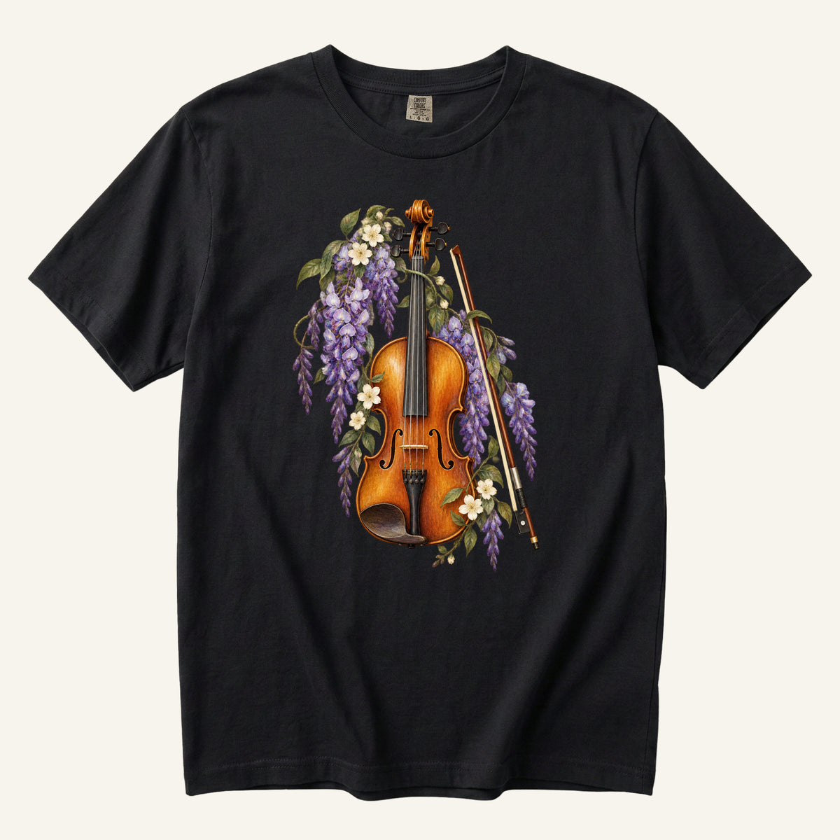 Floral Violin T-Shirt in Black — a vintage violin among cascading purple wisteria