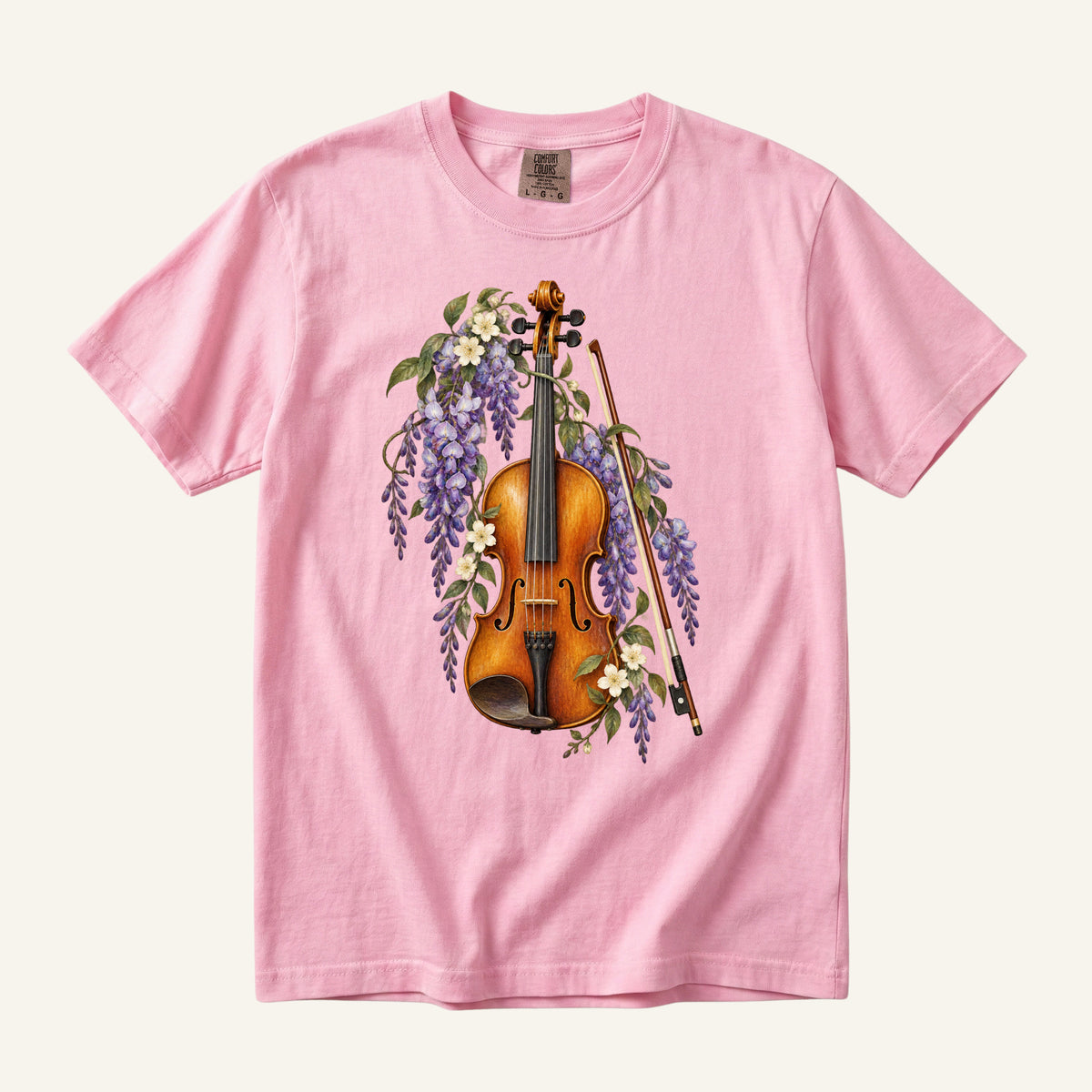 Floral Violin T-Shirt in Blossom — a gift for violinists on garment-dyed cotton