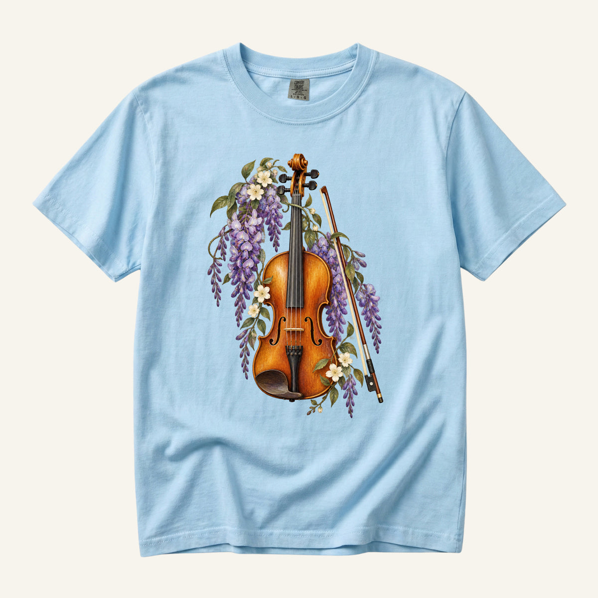 Floral Violin T-Shirt in Chambray — violin and bow with wisteria, sizes S to 4XL