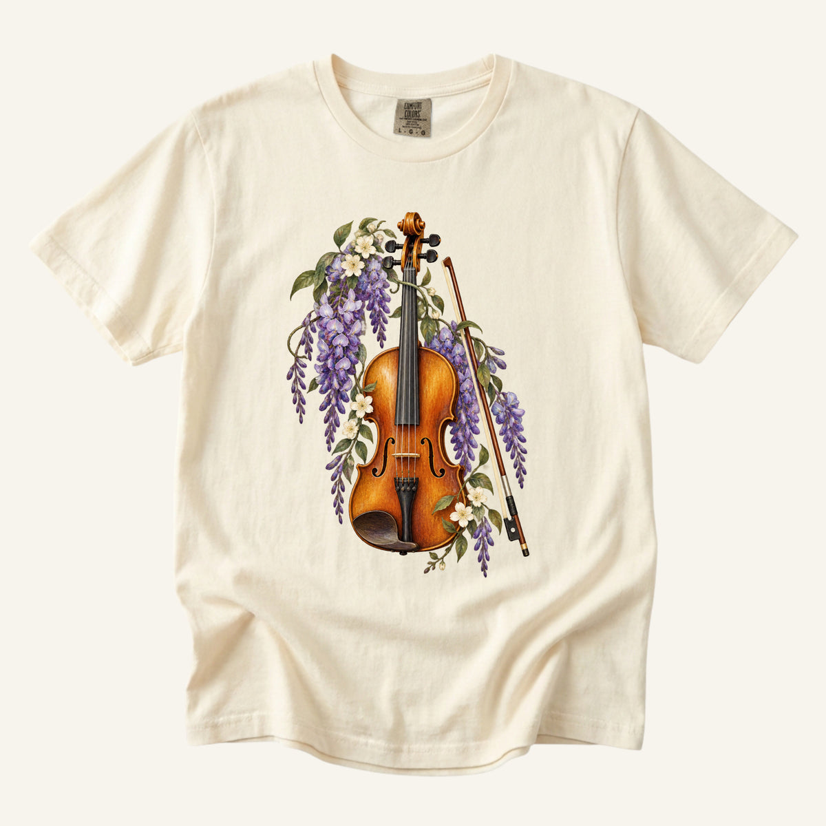 Floral Violin T-Shirt in Ivory — classical music lover gift, made to order in the USA