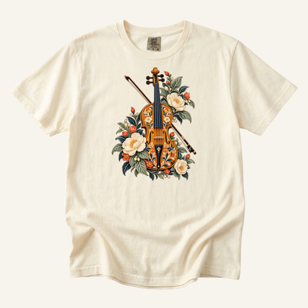 Folk-art violin and bow with cream blossoms illustration on an Ivory Comfort Colors t-shirt