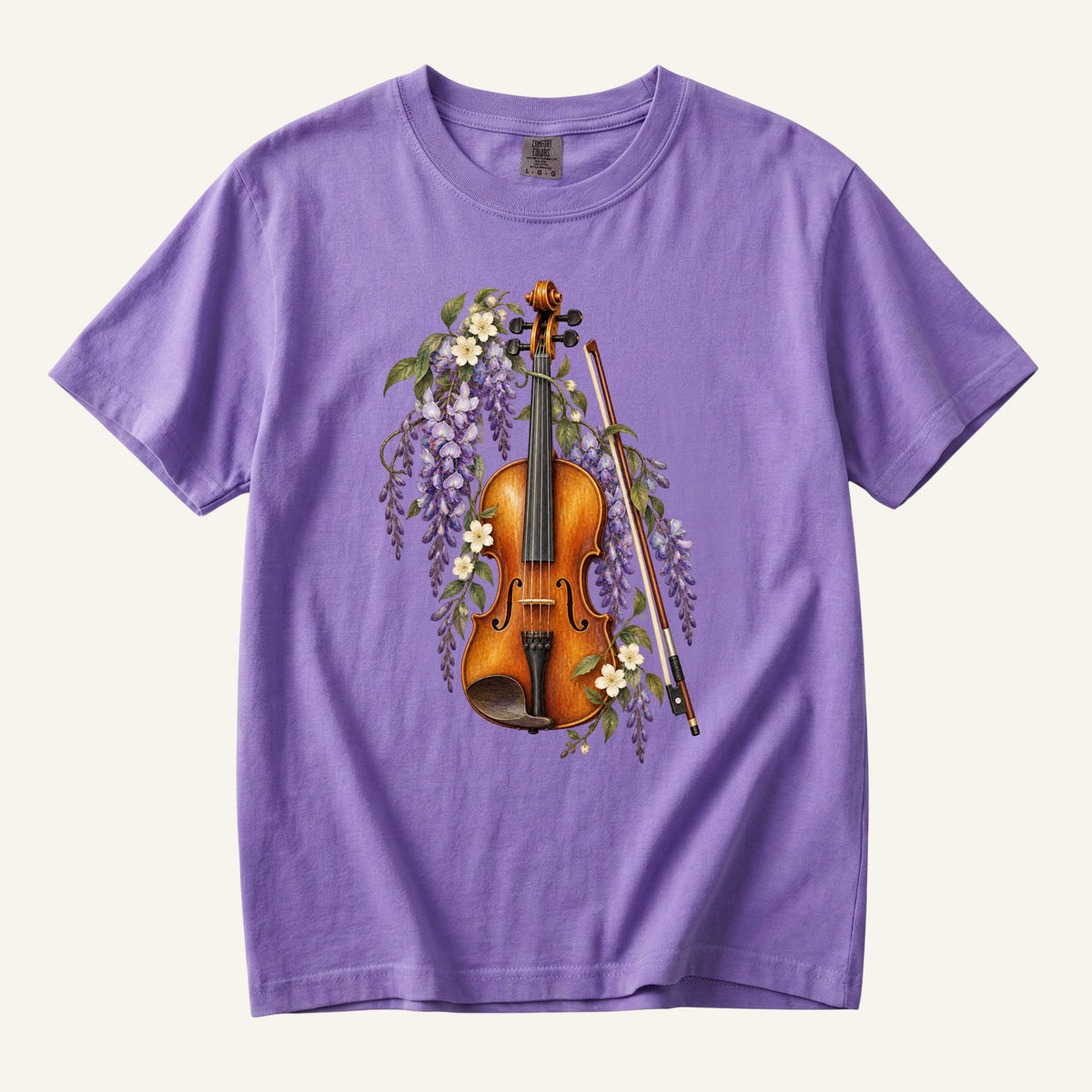 Floral Violin T-Shirt in Violet — botanical vintage violin tee with white blossoms