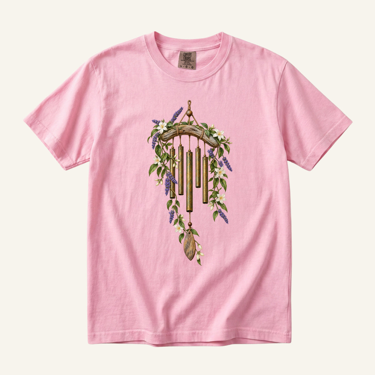 Floral Wind Chime T-Shirt in Blossom — a garden lover gift on garment-dyed cotton