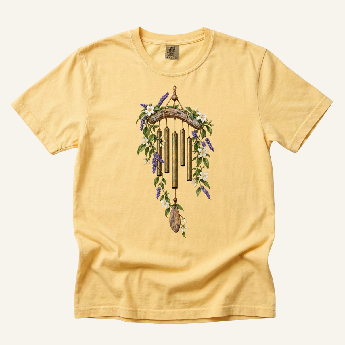 Floral Wind Chime T-Shirt in Butter — botanical wind chime watercolor, centered front print