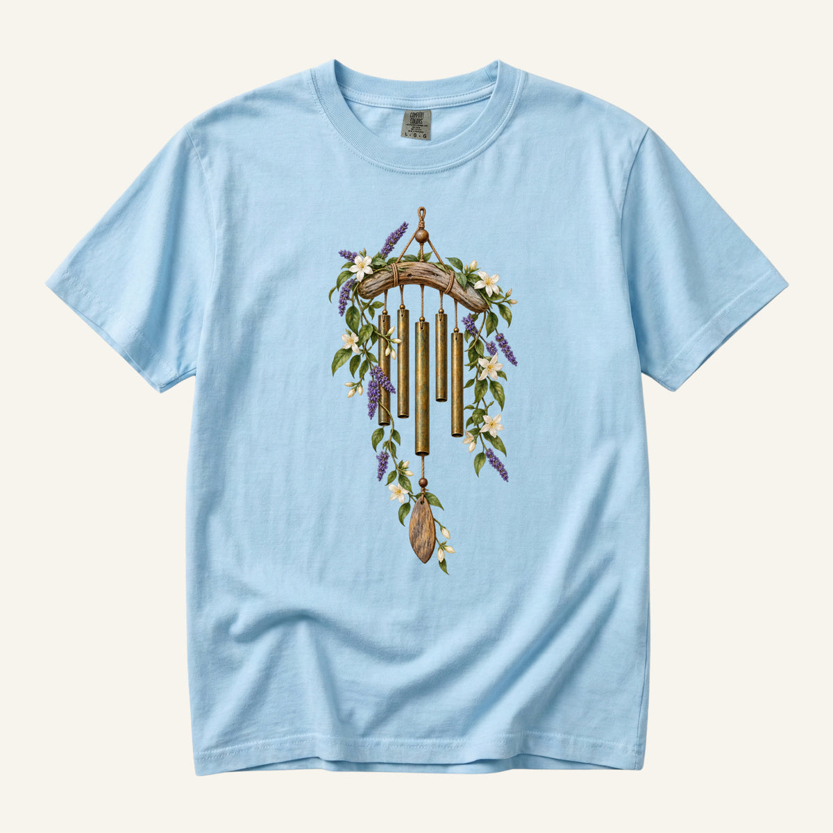 Floral Wind Chime T-Shirt in Chambray — vintage chimes with vines and white blossoms, sizes S to 4XL