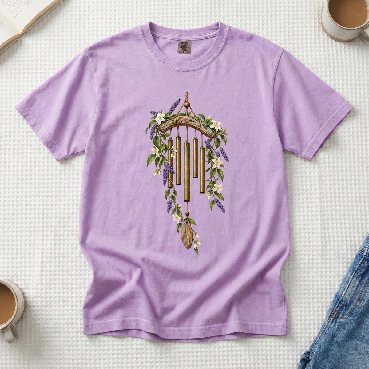 Floral Wind Chime T-Shirt in Orchid — botanical wind chime tee with purple flowers