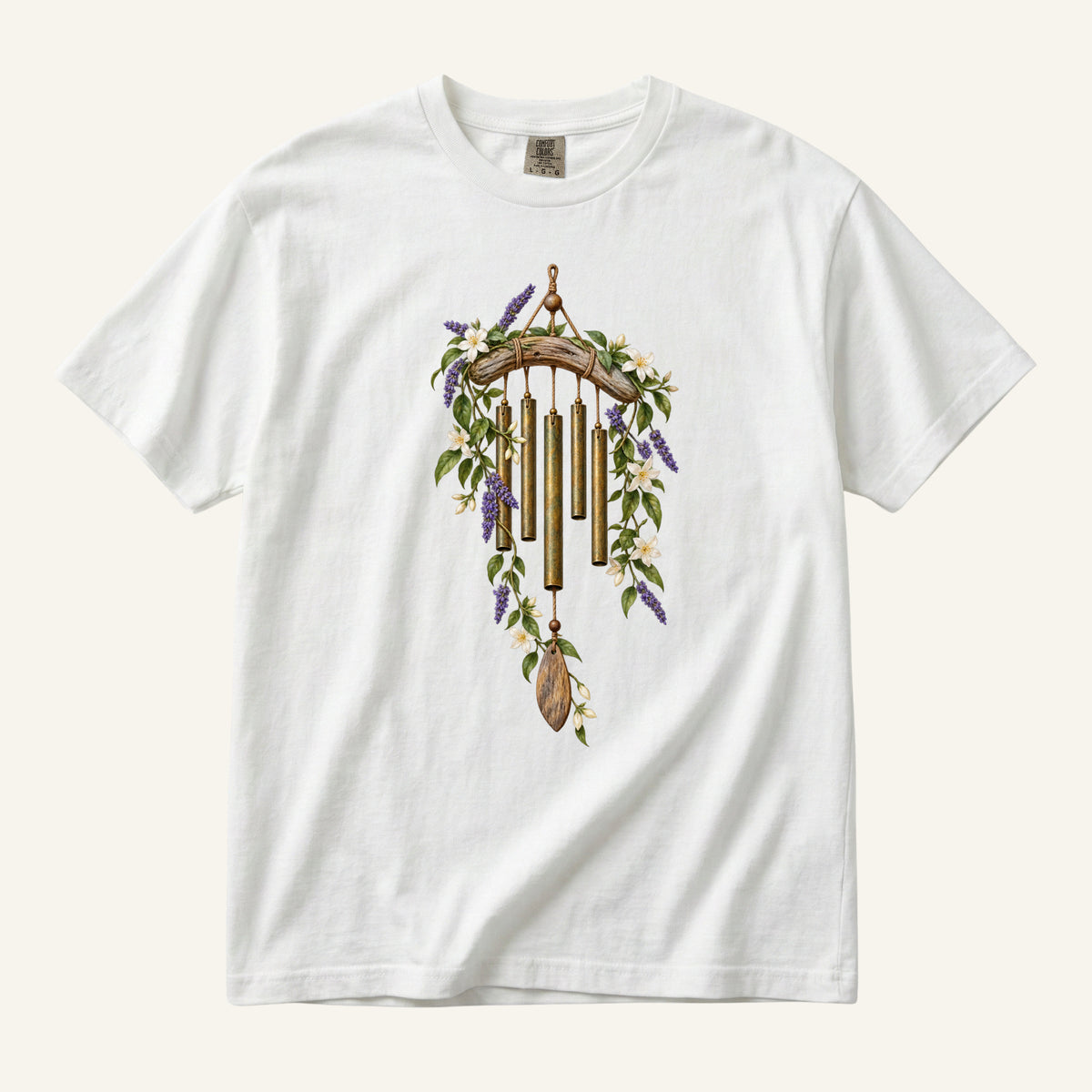 Floral Wind Chime T-Shirt in White — brass chimes among trailing purple flowers and a feather