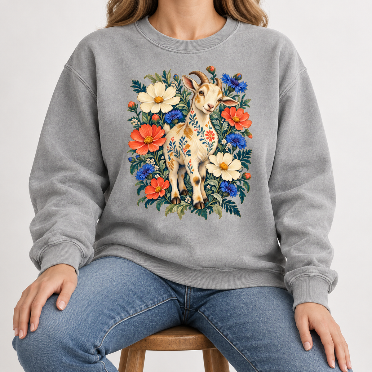 Floral goat sweatshirt shown worn, front view of the printed illustration