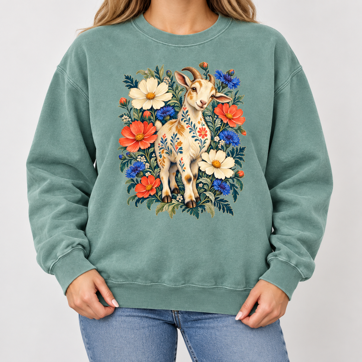 Floral goat sweatshirt shown worn, showing the relaxed unisex crewneck fit