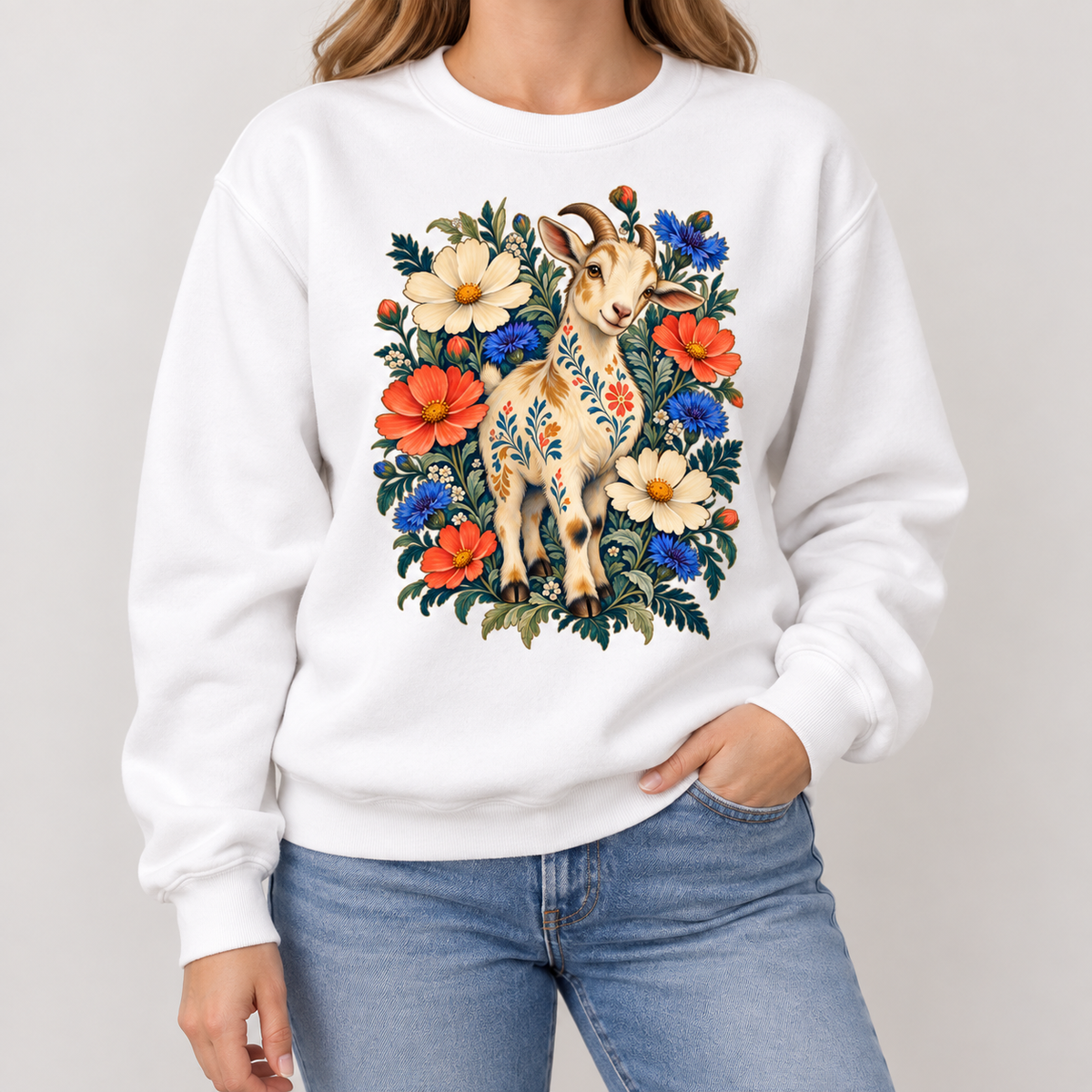 Floral goat sweatshirt shown worn, closer view of the goat and the floral patterning
