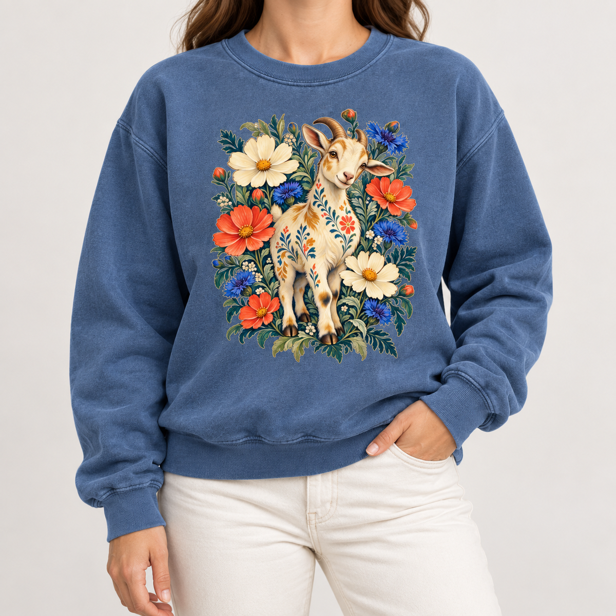 Floral goat sweatshirt shown worn, garment-dyed Comfort Colors fleece