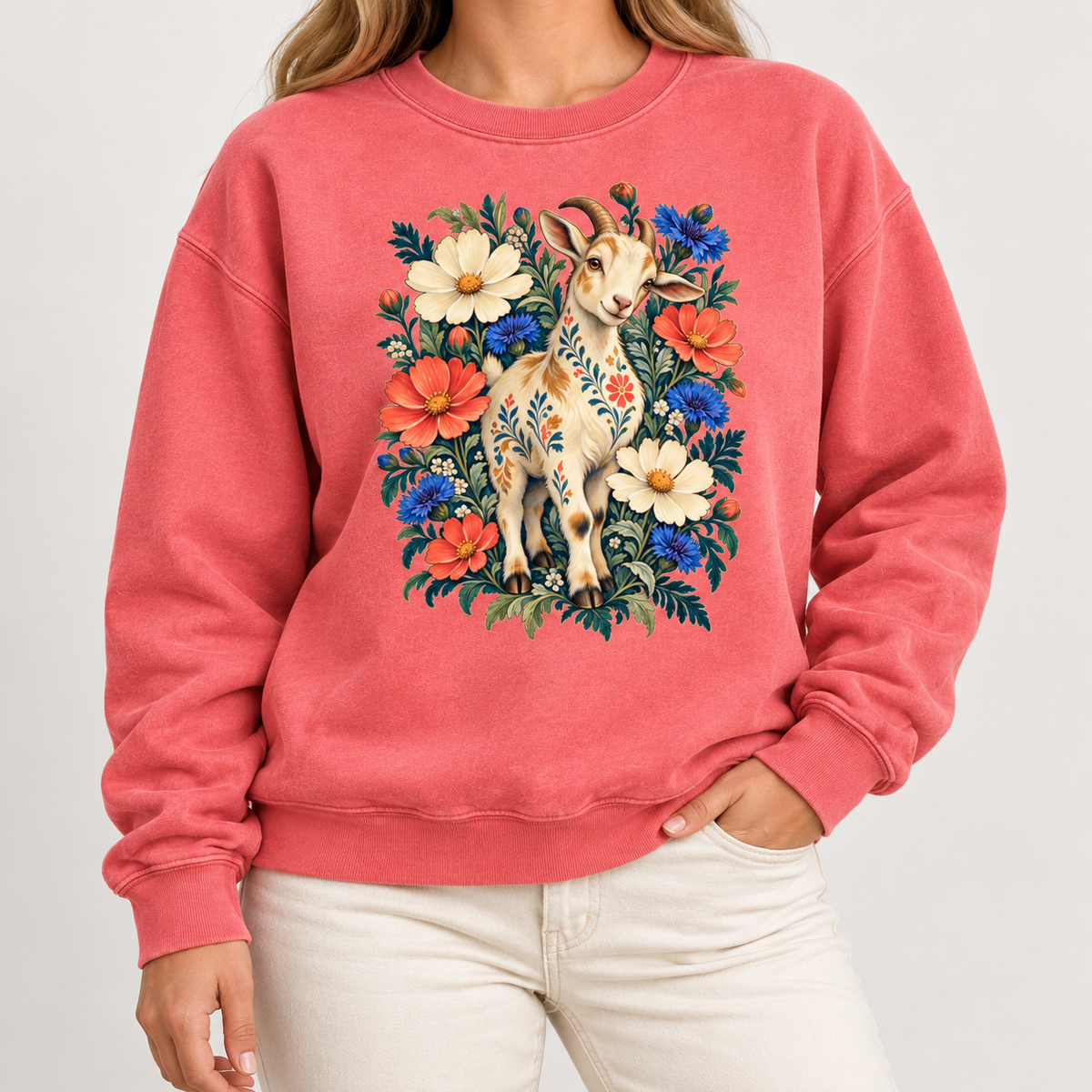Floral goat sweatshirt shown worn, showing the ribbed collar and cuffs
