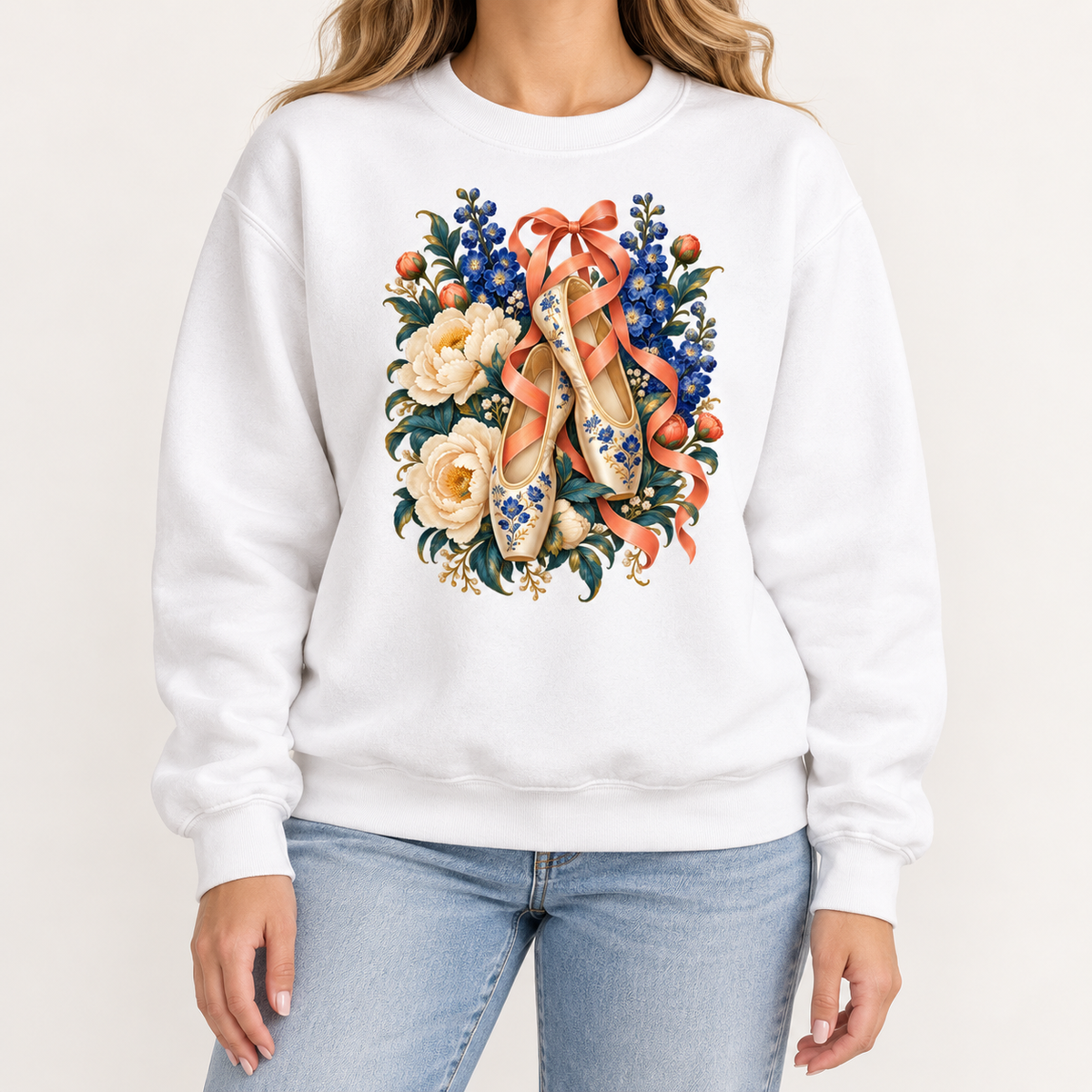 Floral ballet slippers design — cream slippers with blue-and-gold ornament, full artwork detail