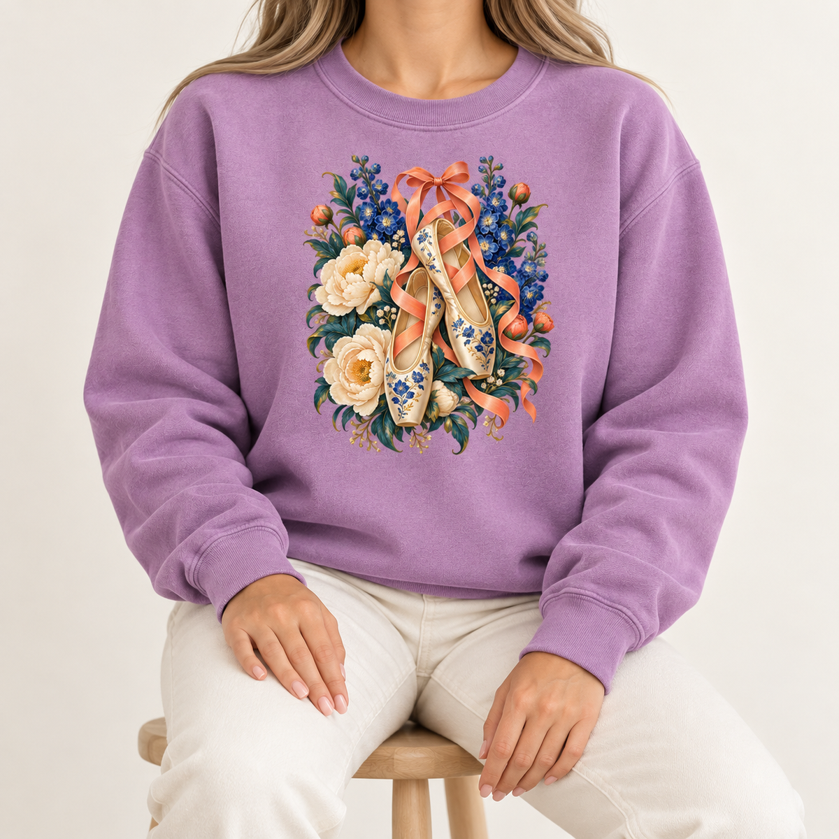 Floral ballet slippers design — ivory roses and deep blue blossoms surrounding the slippers
