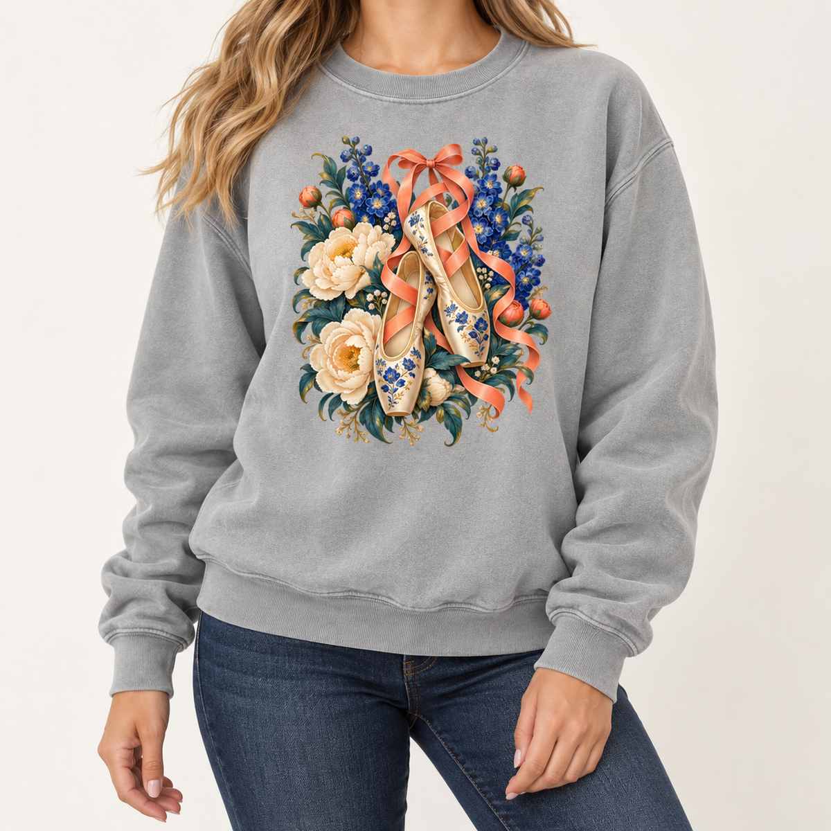 Floral ballet slippers design — tall vertical bouquet, centered on the chest