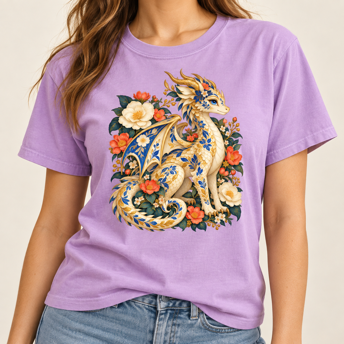 Floral dragon design on a garment-dyed Comfort Colors 1717 tee, a cream-and-gold dragon among coral flowers
