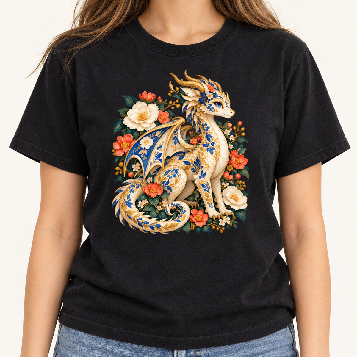 The dragon's golden horns and sweeping gold accents, shown in detail