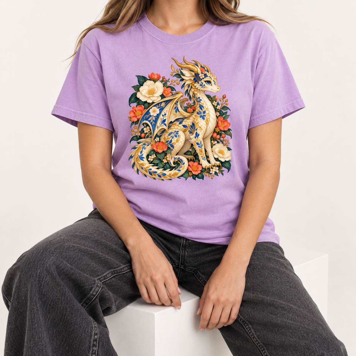 The floral dragon print centered large on the chest of a relaxed unisex tee