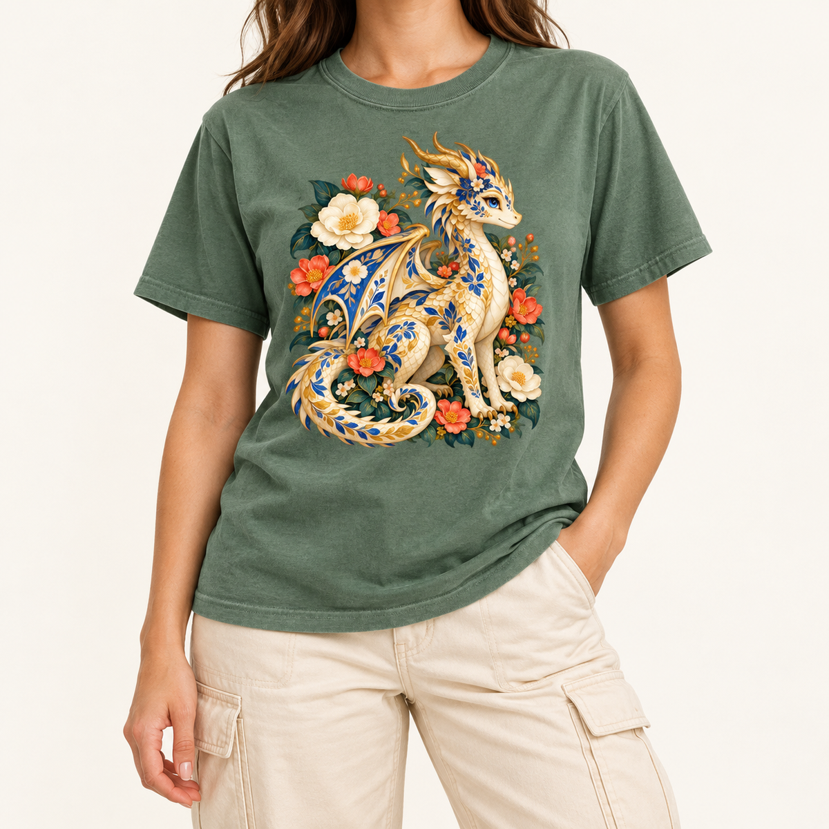 Storybook folk-art dragon in a cottage garden, a gift for fantasy readers and dragon lovers
