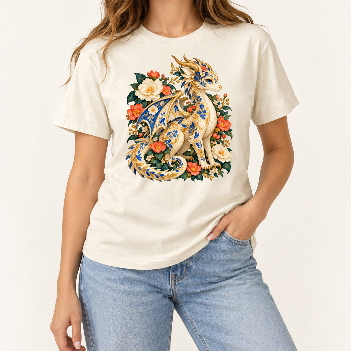 The Garden Was Her Gold floral dragon tee, made to order in the USA, sizes S to 4XL