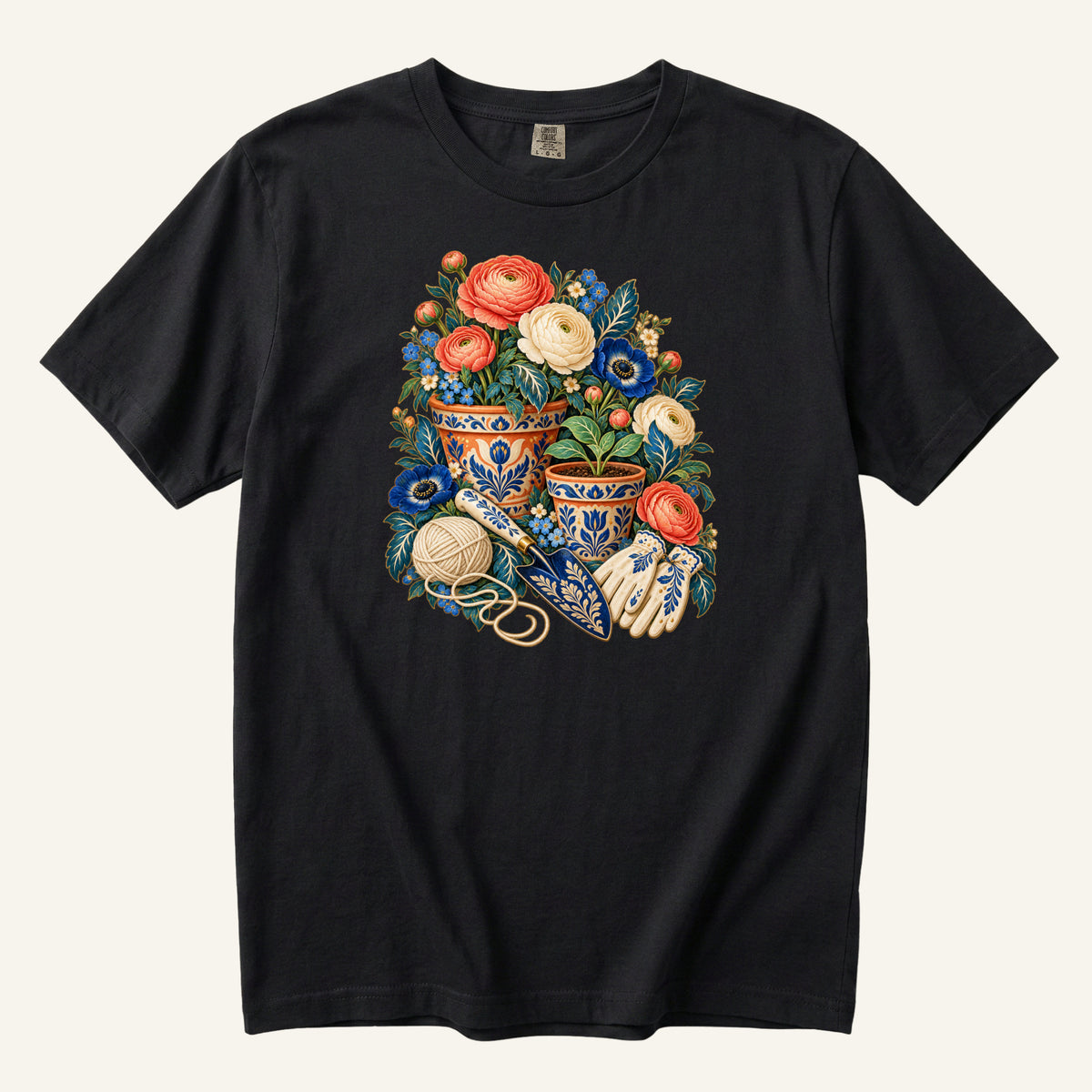 Folk Art Garden Pots T-Shirt in Black — coral and cream flowers above blue-and-gold painted pottery on a black ground