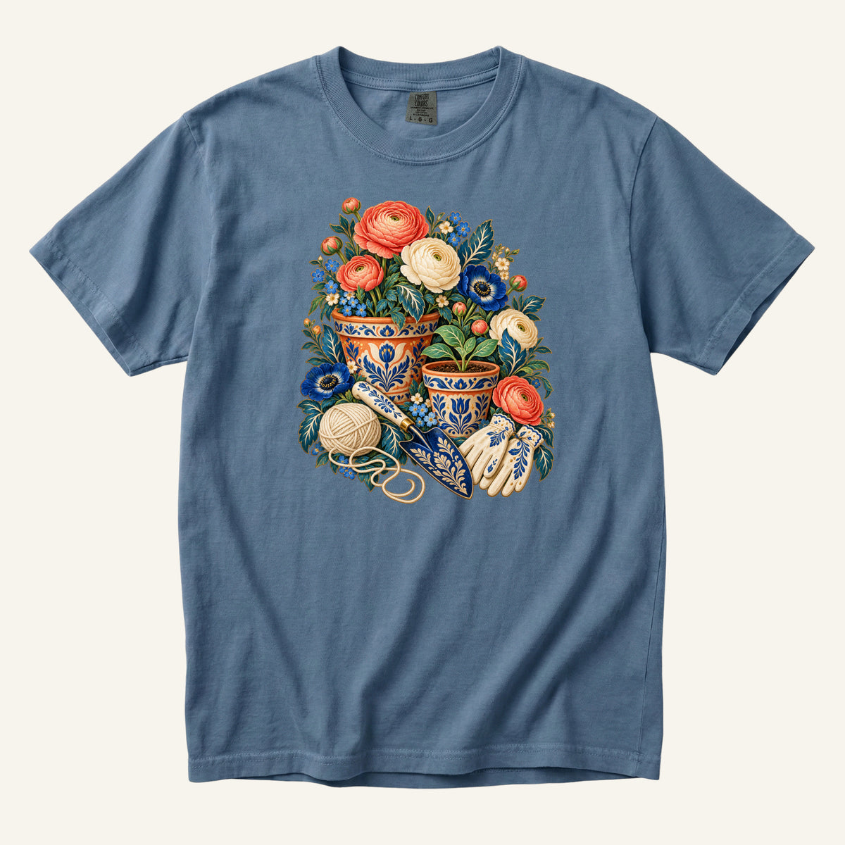 Folk Art Garden Pots T-Shirt in Blue Jean denim — blue-and-gold garden pots echoed by the washed denim ground