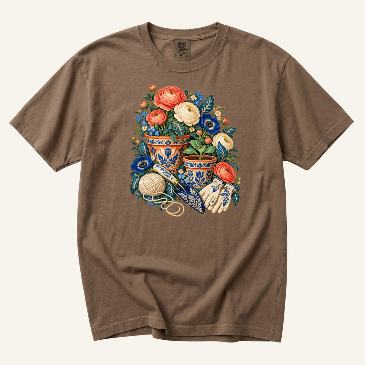 Folk Art Garden Pots T-Shirt in Espresso dark brown — cream blossoms and gold pottery ornament coming forward on a deep brown ground