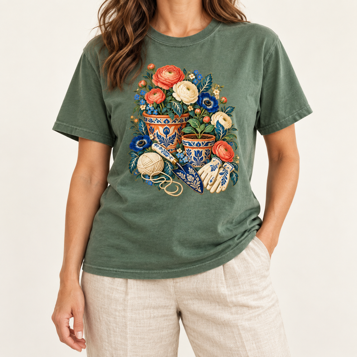 Folk art garden pots design — the full potting-bench arrangement, pots, flowers and tools together