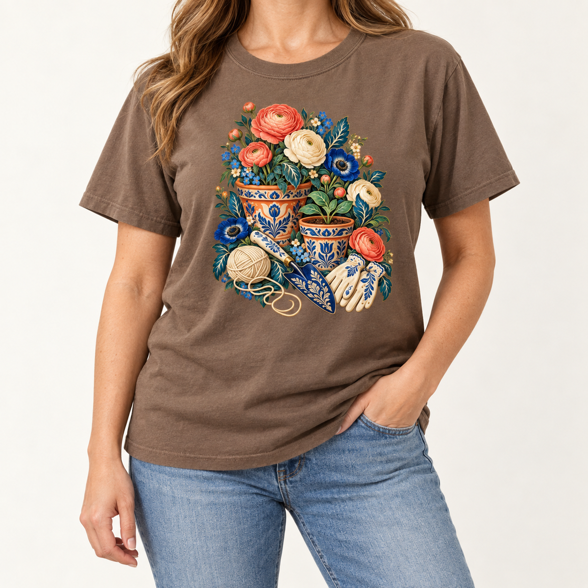 Folk art garden pots design — painted-pottery patterning on the blue-and-gold vessels