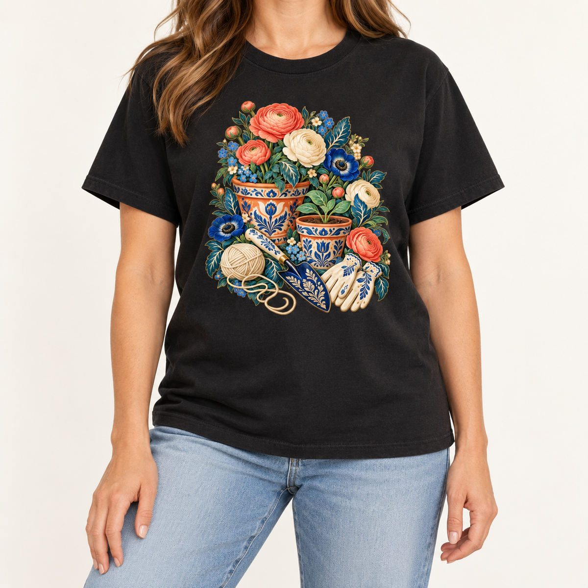 Folk art garden pots design — coral and cream blooms rising out of the pots