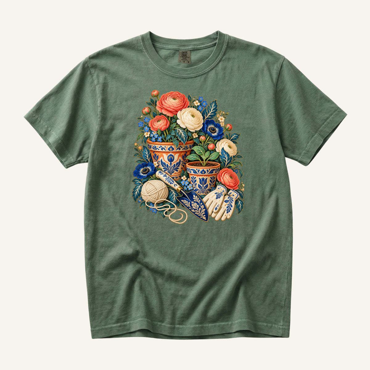 Folk Art Garden Pots T-Shirt in Moss green — coral flowers carrying the contrast against a garden-green ground