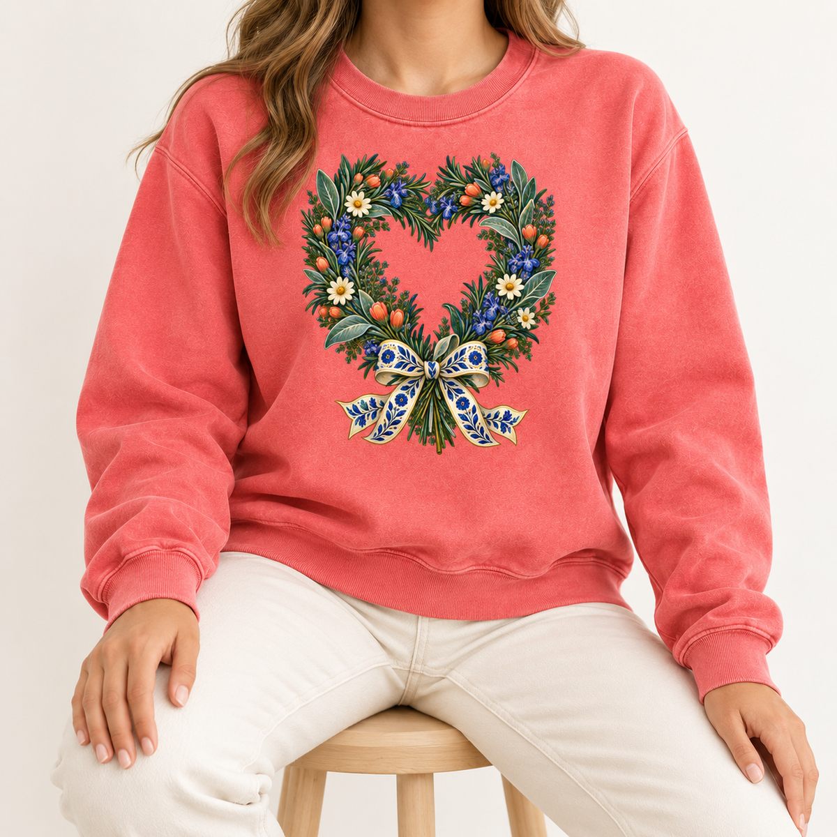 Floral heart wreath design on a garment-dyed Comfort Colors 1566 crewneck, leafy branches forming an open heart