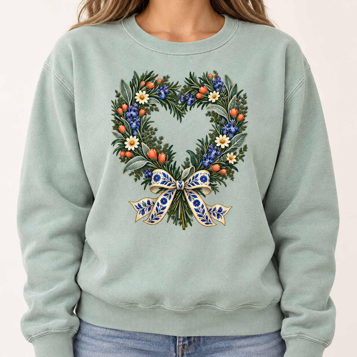The blue-and-gold patterned bow that gathers the stems at the base of the floral heart wreath