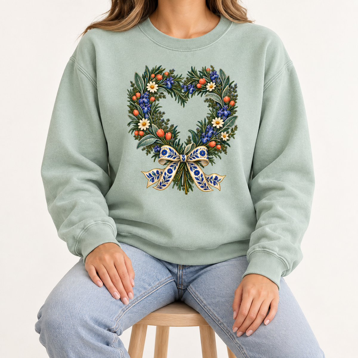 Folk-art botanical heart wreath sweatshirt, a gift for flower lovers and generous hosts