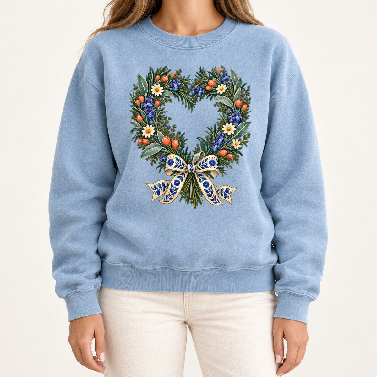 The Door with the Blue Bow heart wreath crewneck sweatshirt, made to order in the USA, sizes S to 3XL