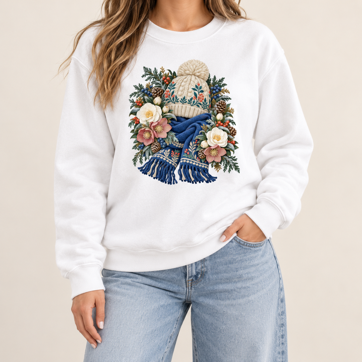 Winter hat and scarf crewneck with 1x1 ribbed collar, cuffs and waistband — a cream pom-pom hat above a deep blue fringed scarf, framed by evergreen, pinecones and cream roses