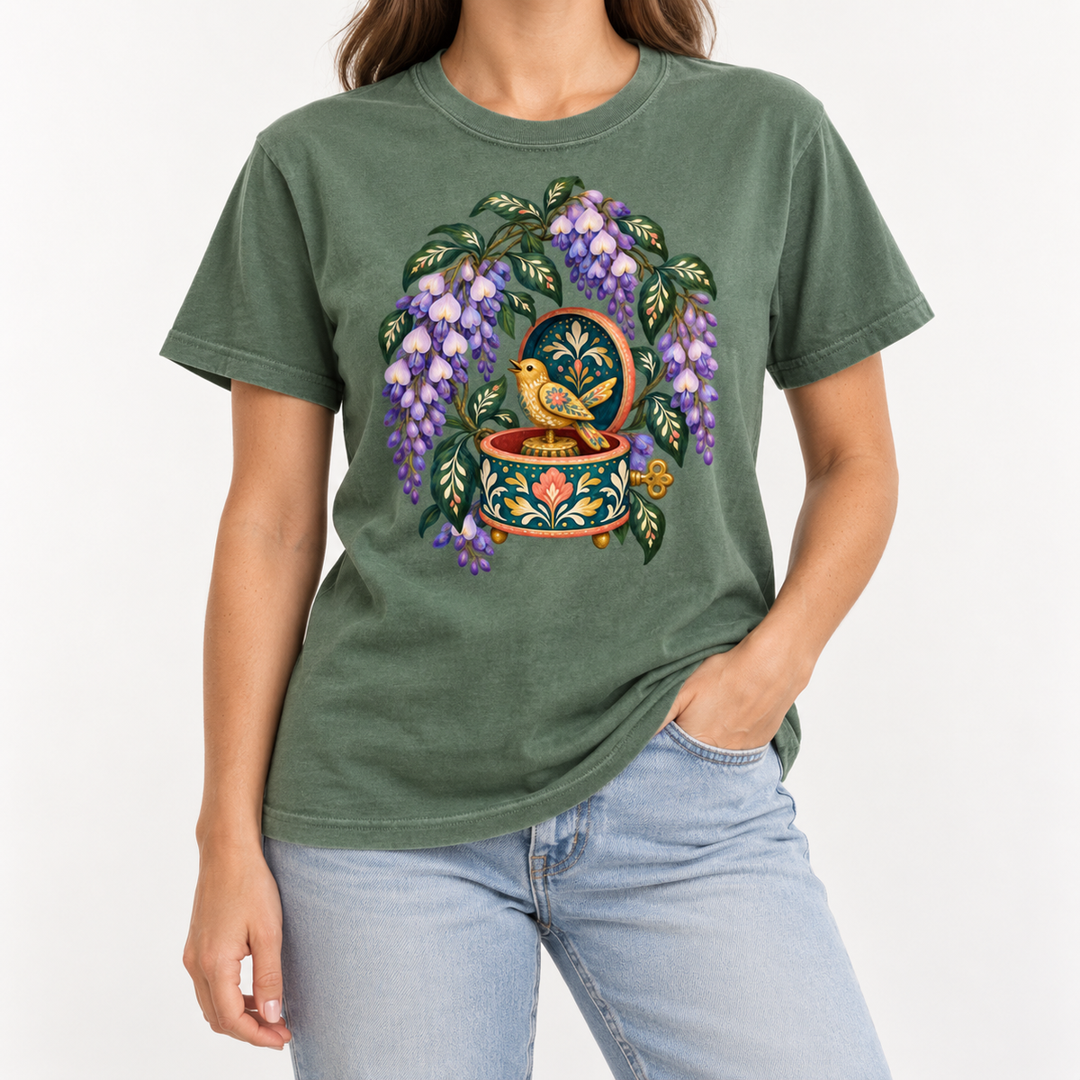 Floral music box t-shirt shown worn, front view of the printed illustration