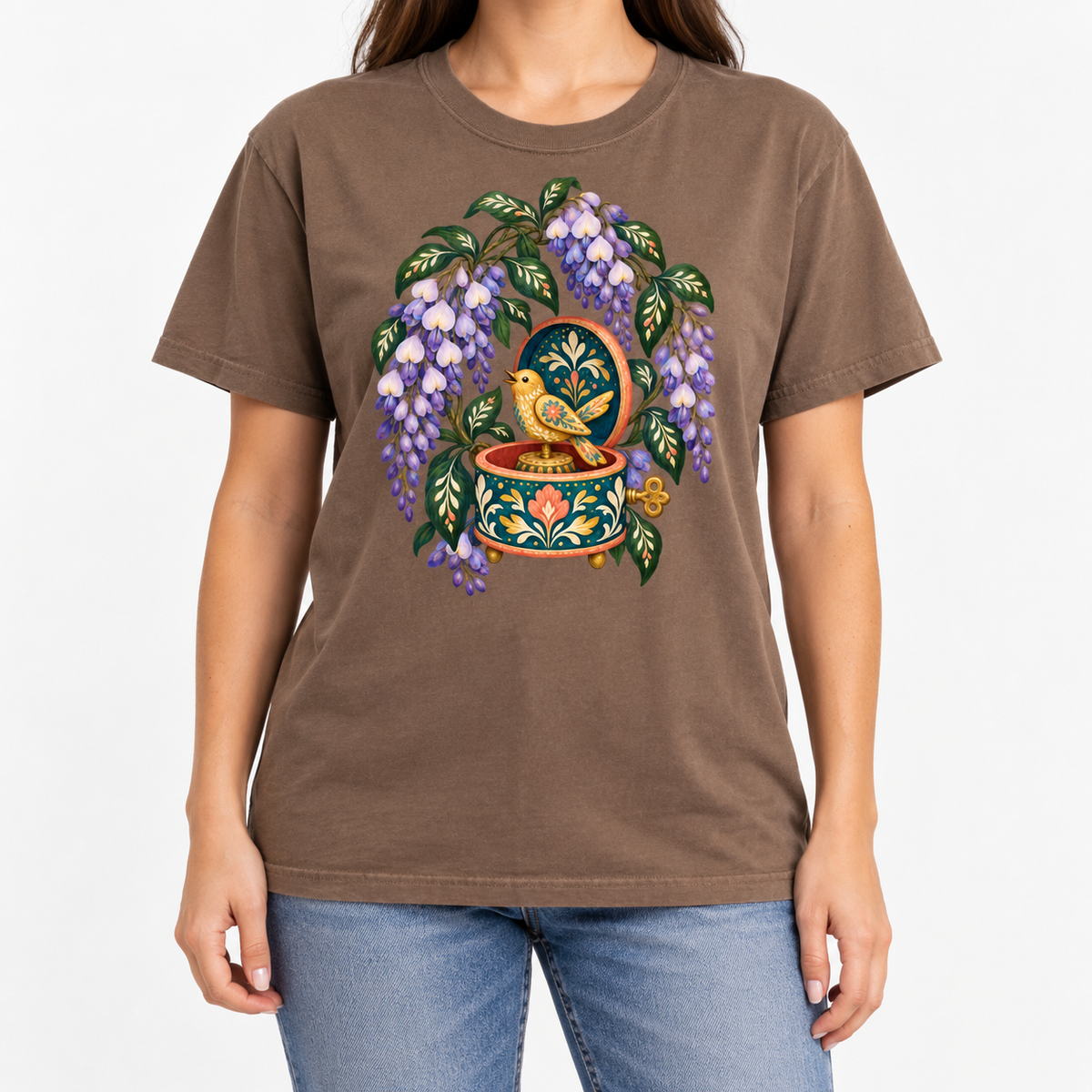 Floral music box t-shirt shown worn, showing the relaxed unisex fit